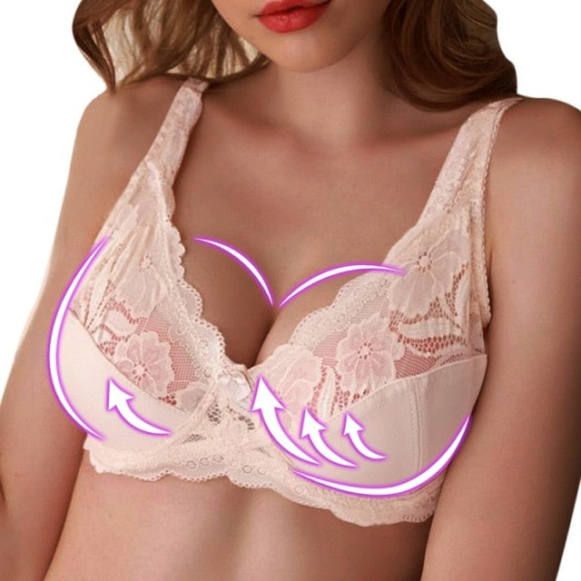 C D Cup Big Size Women Bra push up bra Lace Hollow Out Soutien Gorge Underwear Sexy Ultrathin Transparent Brassiere Bra 100D