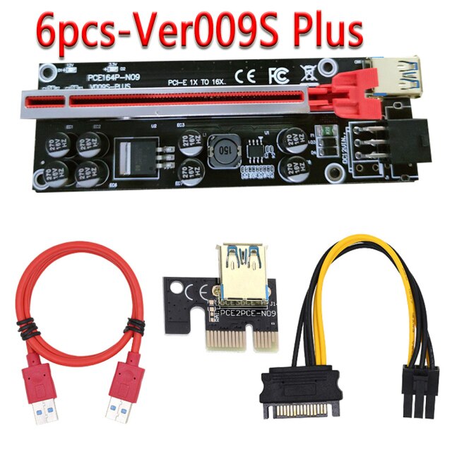 6pcs Newest VER009 USB 3.0 PCI-E Riser VER 009S Express 1X 4x 8x 16x Extender Riser Adapter Card SATA 15pin to 6 pin Power Cable