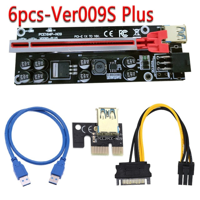 6pcs Newest VER009 USB 3.0 PCI-E Riser VER 009S Express 1X 4x 8x 16x Extender Riser Adapter Card SATA 15pin to 6 pin Power Cable