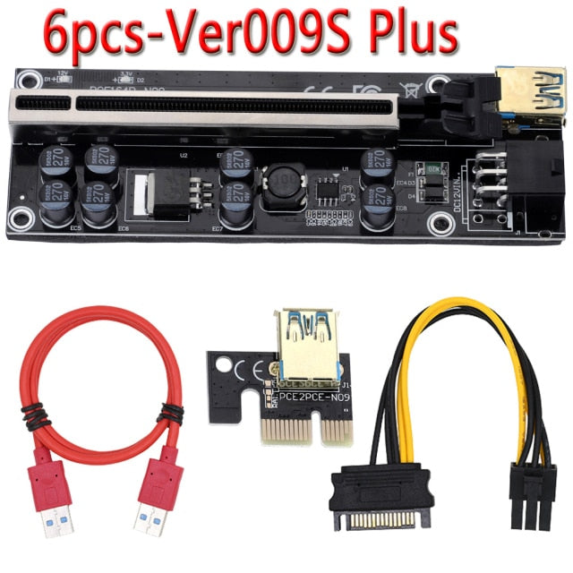 6pcs Newest VER009 USB 3.0 PCI-E Riser VER 009S Express 1X 4x 8x 16x Extender Riser Adapter Card SATA 15pin to 6 pin Power Cable