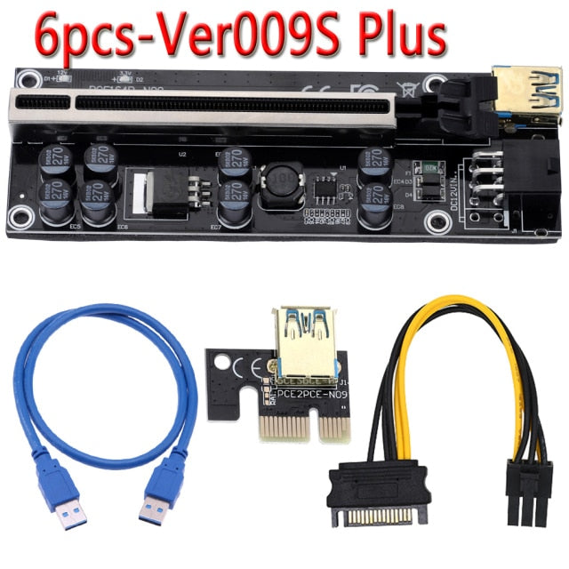 6pcs Newest VER009 USB 3.0 PCI-E Riser VER 009S Express 1X 4x 8x 16x Extender Riser Adapter Card SATA 15pin to 6 pin Power Cable