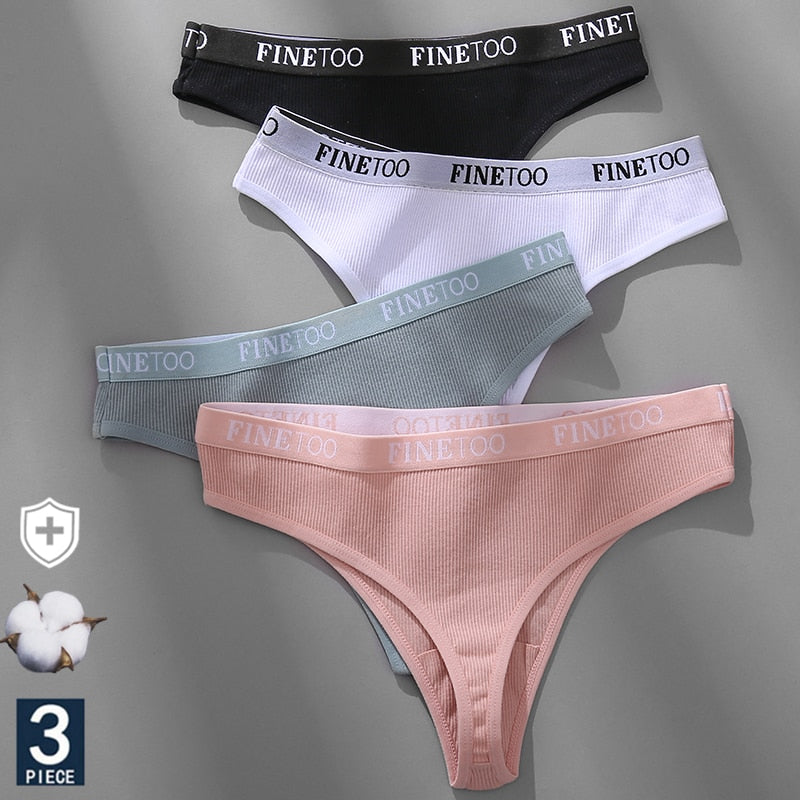 FINETOO 3PCS/Set M-XL Women's Cotton Thong Female Underpant Letter Waist Underwear For Ladies Sexy G-string Brief Woman Lingerie