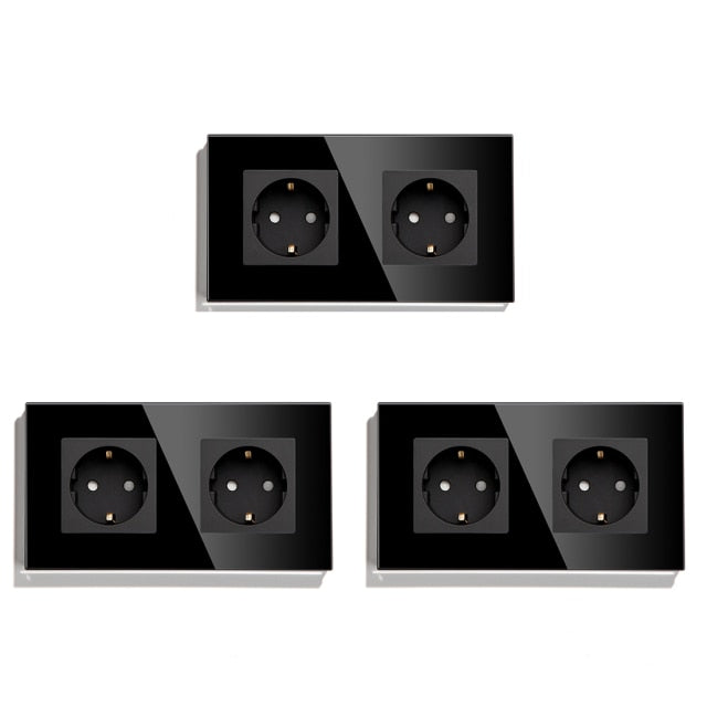 BSEED Mvava Double Socket European Standard 16A Wall Plugs White Black Crystal Glass Panel Electrical Home Improvement 157mm