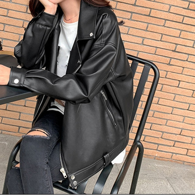 Sungtin Faux Leather Jacket Women Casual PU Loose Motorcycle Jackets Female Streetwear Oversized Coat Korean Chic New Spring