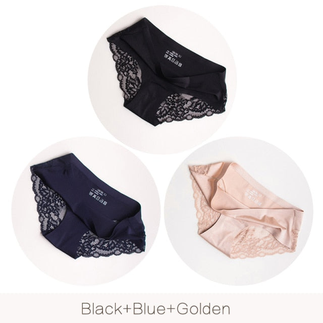 3Pcs/set Women's Sexy lingerie Lace Underwear Seamless sensual Panties Briefs Female Ice Silk intimates Underpants Cotton briefs