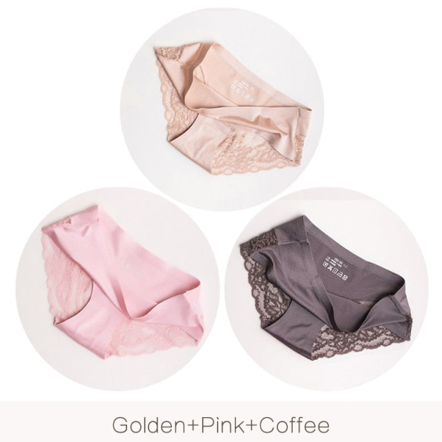 3Pcs/set Women's Sexy lingerie Lace Underwear Seamless sensual Panties Briefs Female Ice Silk intimates Underpants Cotton briefs