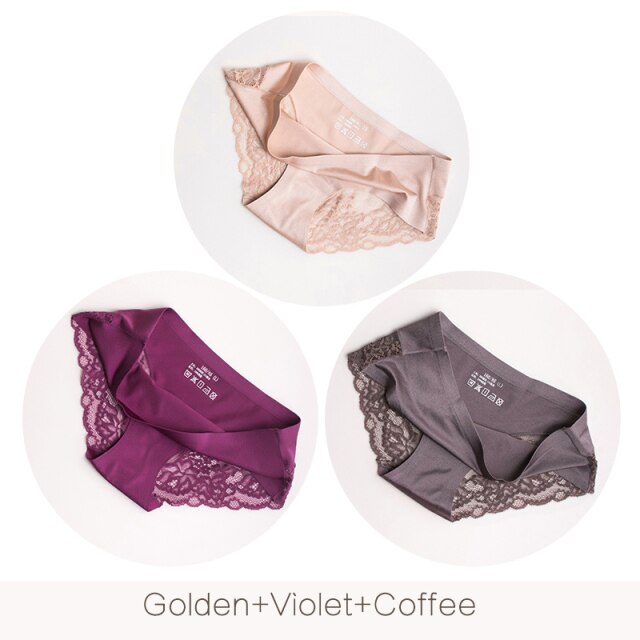 3Pcs/set Women's Sexy lingerie Lace Underwear Seamless sensual Panties Briefs Female Ice Silk intimates Underpants Cotton briefs