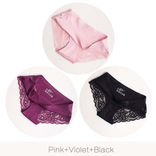 3Pcs/set Women's Sexy lingerie Lace Underwear Seamless sensual Panties Briefs Female Ice Silk intimates Underpants Cotton briefs