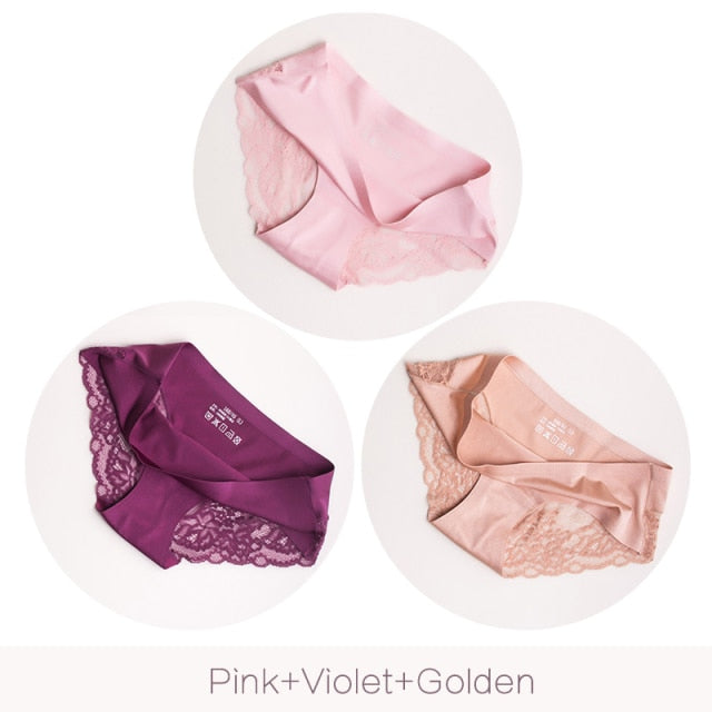 3Pcs/set Women's Sexy lingerie Lace Underwear Seamless sensual Panties Briefs Female Ice Silk intimates Underpants Cotton briefs
