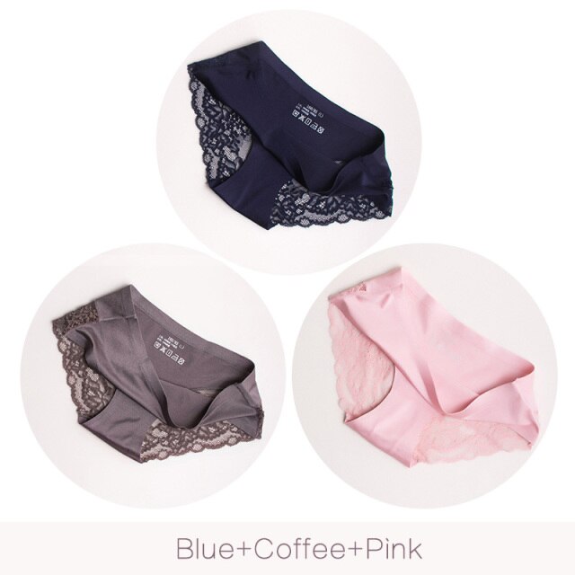 3Pcs/set Women's Sexy lingerie Lace Underwear Seamless sensual Panties Briefs Female Ice Silk intimates Underpants Cotton briefs