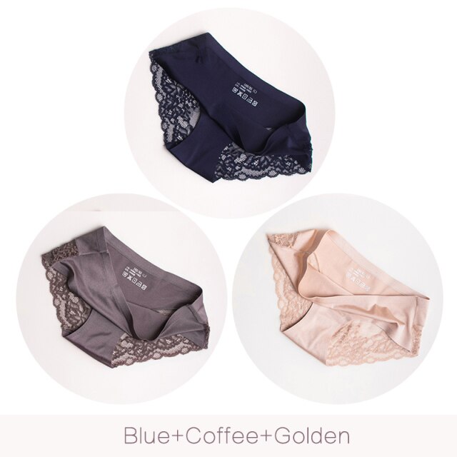 3Pcs/set Women's Sexy lingerie Lace Underwear Seamless sensual Panties Briefs Female Ice Silk intimates Underpants Cotton briefs