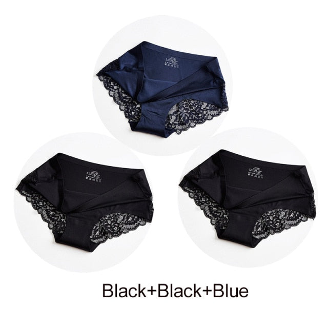 3Pcs/set Women's Sexy lingerie Lace Underwear Seamless sensual Panties Briefs Female Ice Silk intimates Underpants Cotton briefs