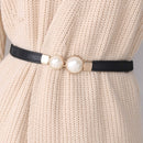 Women Double Pearl Belt PU Leather Dress Skirt Waist Elastic Thin Belts Ladies Waistband