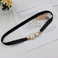 Women Double Pearl Belt PU Leather Dress Skirt Waist Elastic Thin Belts Ladies Waistband