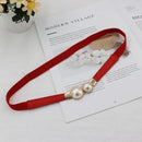 Women Double Pearl Belt PU Leather Dress Skirt Waist Elastic Thin Belts Ladies Waistband