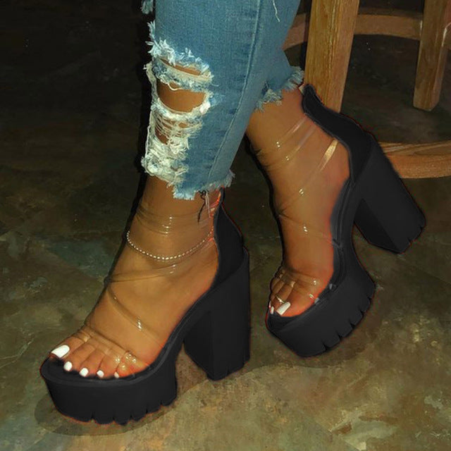 Night Club Party Platform Chunky Heel Sandals Summer Plus Size Shoes Transparent Gladiator Heel Sandals  Shoes Women
