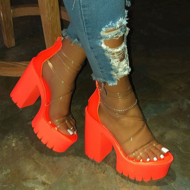 Night Club Party Platform Chunky Heel Sandals Summer Plus Size Shoes Transparent Gladiator Heel Sandals  Shoes Women