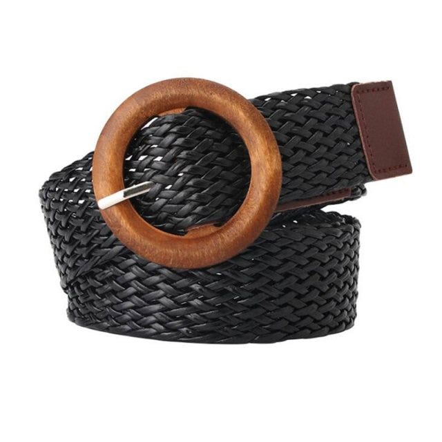 Vintage Bohemian Wide Belt Summer Wooden Buckle Wild Braided Belt Female Leopard Buckle Linen Weave Women Fake Straw Waist Belt