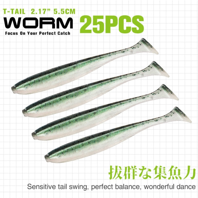 TSURINOYA NEW Fishing Lures T Tail Wrom 55mm 65mm 75mm 88mm Add Odor Attractant  Bass Artificial Soft Bait