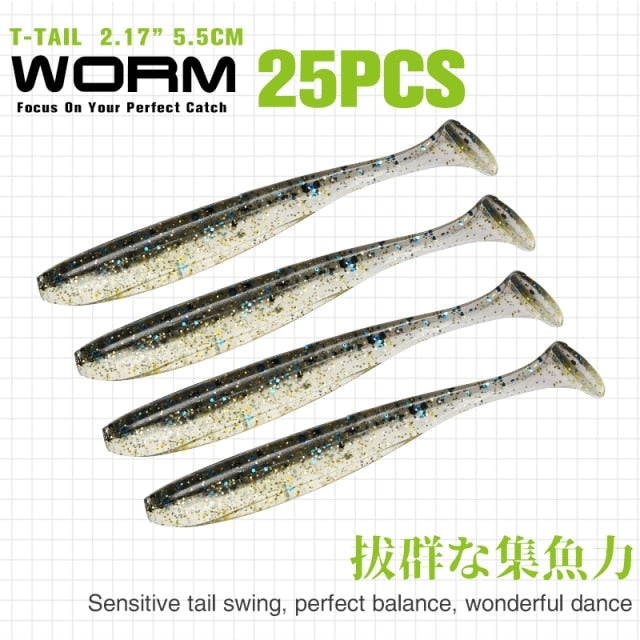 TSURINOYA NEW Fishing Lures T Tail Wrom 55mm 65mm 75mm 88mm Add Odor Attractant  Bass Artificial Soft Bait