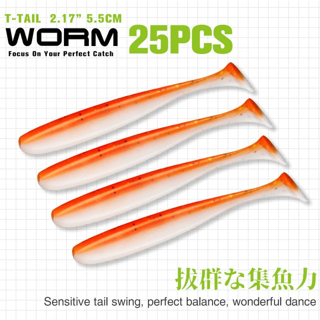 TSURINOYA NEW Fishing Lures T Tail Wrom 55mm 65mm 75mm 88mm Add Odor Attractant  Bass Artificial Soft Bait
