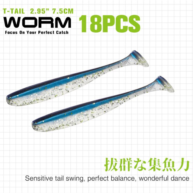TSURINOYA NEW Fishing Lures T Tail Wrom 55mm 65mm 75mm 88mm Add Odor Attractant  Bass Artificial Soft Bait