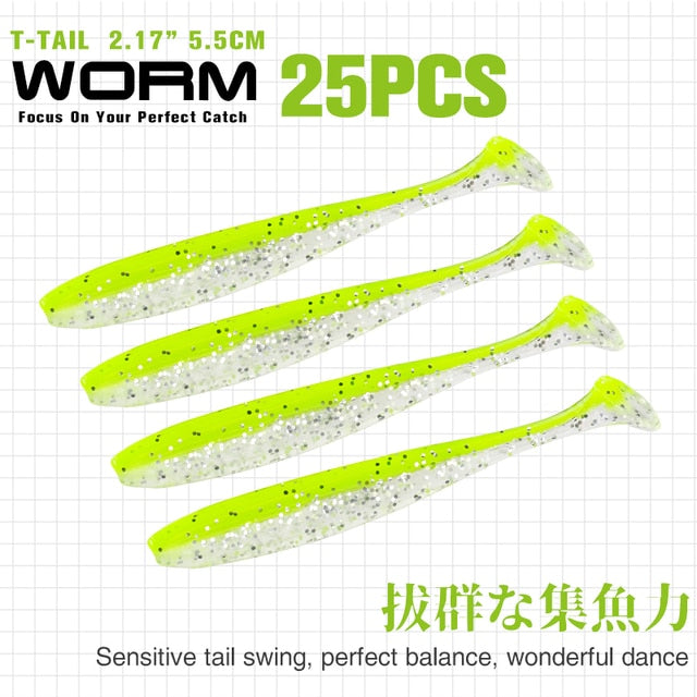 TSURINOYA NEW Fishing Lures T Tail Wrom 55mm 65mm 75mm 88mm Add Odor Attractant  Bass Artificial Soft Bait