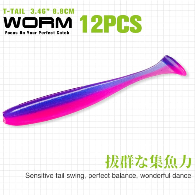 TSURINOYA NEW Fishing Lures T Tail Wrom 55mm 65mm 75mm 88mm Add Odor Attractant  Bass Artificial Soft Bait