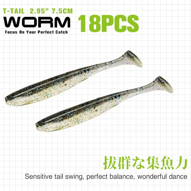 TSURINOYA NEW Fishing Lures T Tail Wrom 55mm 65mm 75mm 88mm Add Odor Attractant  Bass Artificial Soft Bait