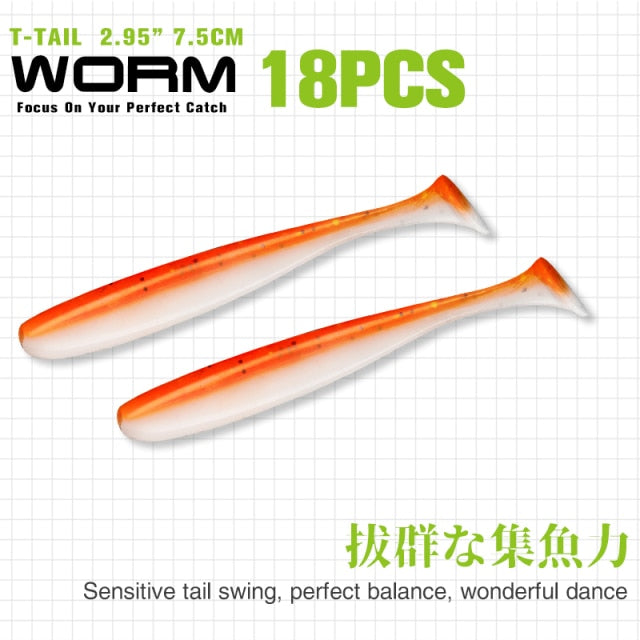TSURINOYA NEW Fishing Lures T Tail Wrom 55mm 65mm 75mm 88mm Add Odor Attractant  Bass Artificial Soft Bait