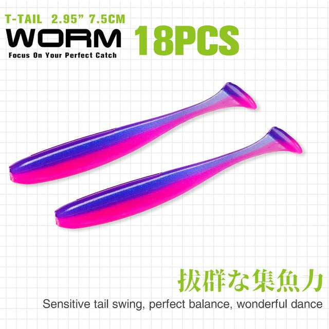 TSURINOYA NEW Fishing Lures T Tail Wrom 55mm 65mm 75mm 88mm Add Odor Attractant  Bass Artificial Soft Bait