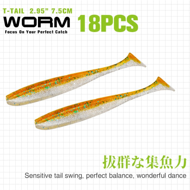 TSURINOYA NEW Fishing Lures T Tail Wrom 55mm 65mm 75mm 88mm Add Odor Attractant  Bass Artificial Soft Bait