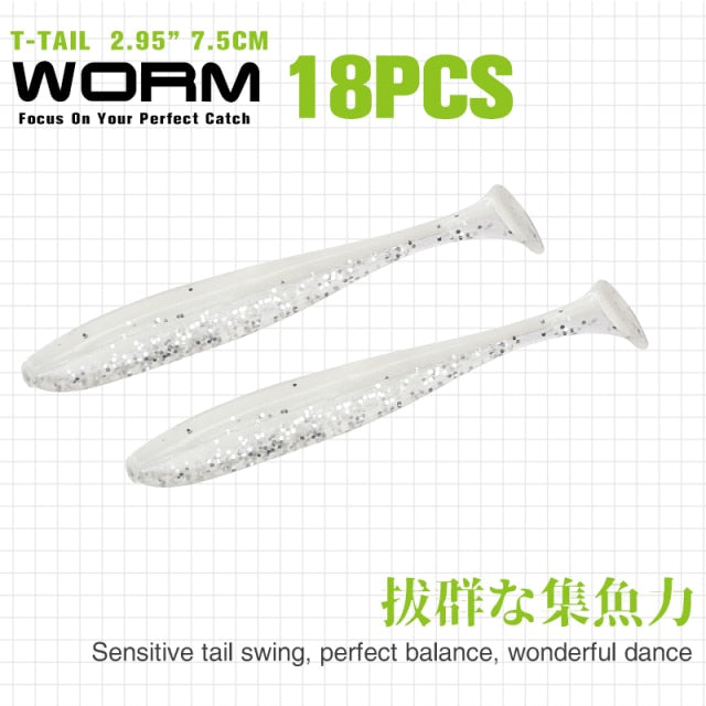 TSURINOYA NEW Fishing Lures T Tail Wrom 55mm 65mm 75mm 88mm Add Odor Attractant  Bass Artificial Soft Bait