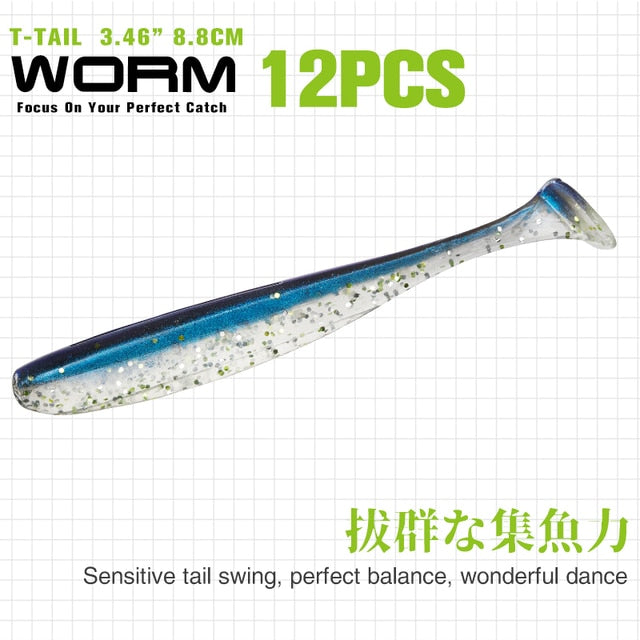 TSURINOYA NEW Fishing Lures T Tail Wrom 55mm 65mm 75mm 88mm Add Odor Attractant  Bass Artificial Soft Bait