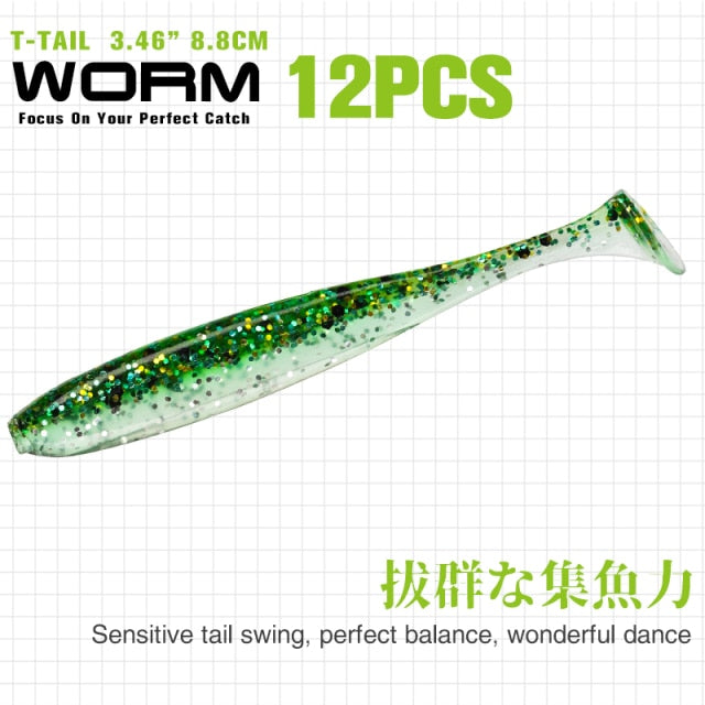 TSURINOYA NEW Fishing Lures T Tail Wrom 55mm 65mm 75mm 88mm Add Odor Attractant  Bass Artificial Soft Bait