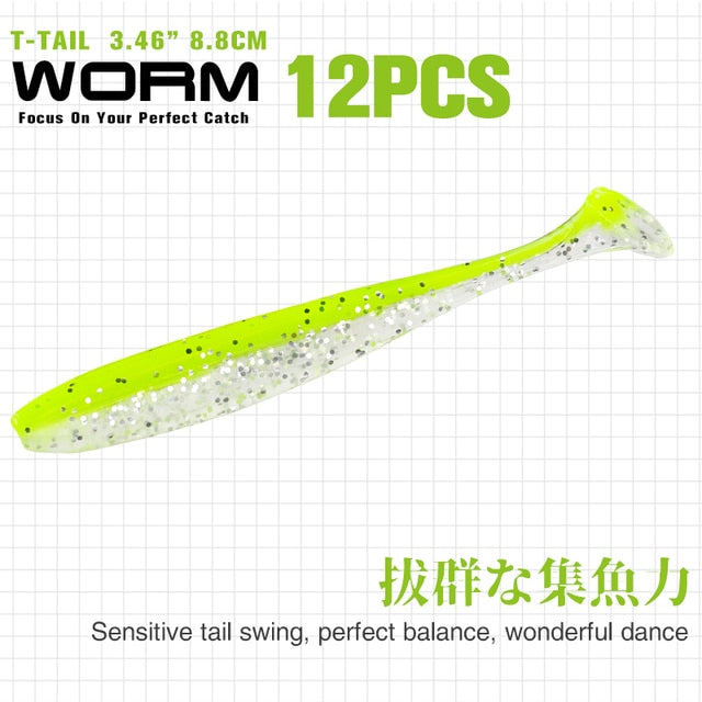 TSURINOYA NEW Fishing Lures T Tail Wrom 55mm 65mm 75mm 88mm Add Odor Attractant  Bass Artificial Soft Bait