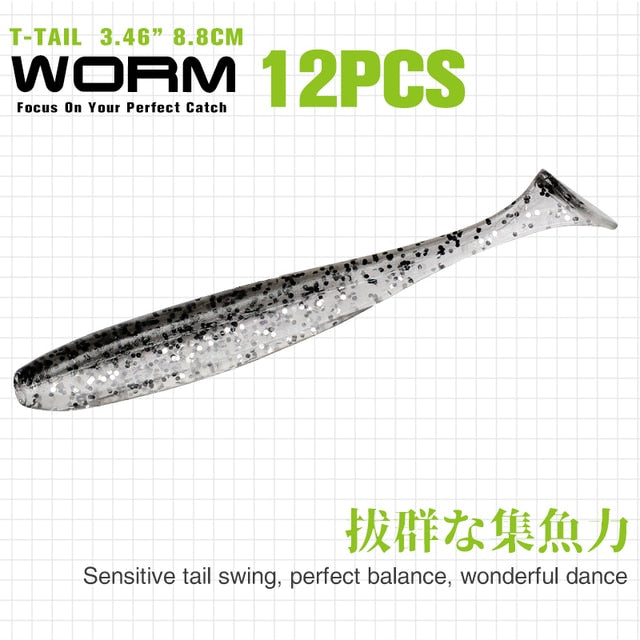 TSURINOYA NEW Fishing Lures T Tail Wrom 55mm 65mm 75mm 88mm Add Odor Attractant  Bass Artificial Soft Bait