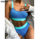 INGAGA High Waist Bikinis 2021 Swimsuits Bandeau Swimwear Women Splicing Biquini Beachwear Sports Ribbed Bathing Suits New