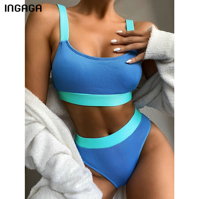 INGAGA High Waist Bikinis 2021 Swimsuits Bandeau Swimwear Women Splicing Biquini Beachwear Sports Ribbed Bathing Suits New
