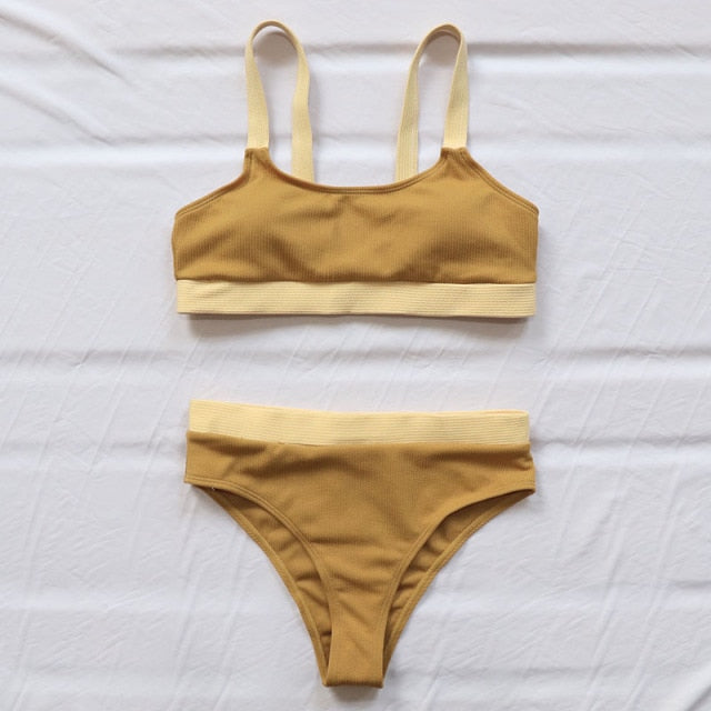 INGAGA High Waist Bikinis 2021 Swimsuits Bandeau Swimwear Women Splicing Biquini Beachwear Sports Ribbed Bathing Suits New