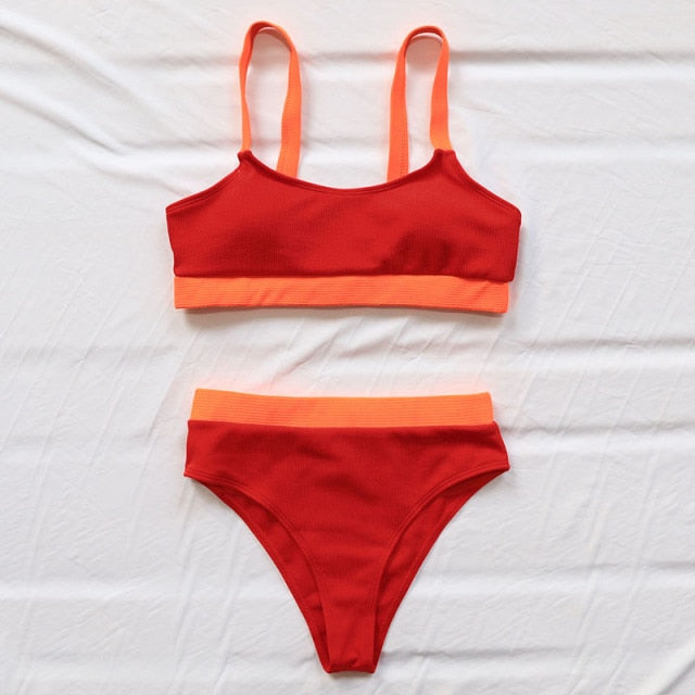 INGAGA High Waist Bikinis 2021 Swimsuits Bandeau Swimwear Women Splicing Biquini Beachwear Sports Ribbed Bathing Suits New