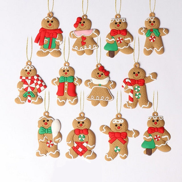 Big Sale! 12pcs Gingerbread Man Christmas Tree Ornaments Xmas Soft PVC Men Living Room Decorating Tools Festival Home Decoration