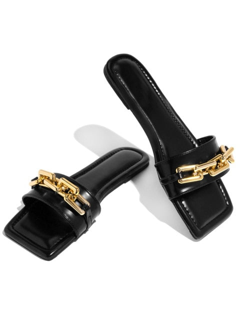 Women's Slippers 2021 Summer Transparent Chain Luxury Square Head Flat Heel Female plus size outdoor beach women slides Sandals