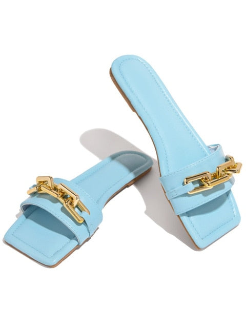 Women's Slippers 2021 Summer Transparent Chain Luxury Square Head Flat Heel Female plus size outdoor beach women slides Sandals