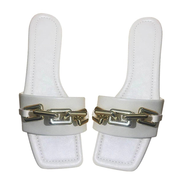 Women's Slippers 2021 Summer Transparent Chain Luxury Square Head Flat Heel Female plus size outdoor beach women slides Sandals