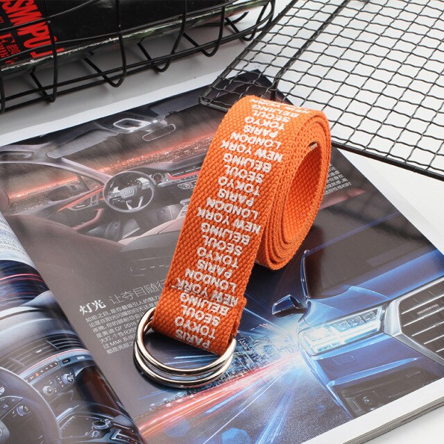 Fashion Designer Unisex Harajuku Canvas Belts Silver Metal Double Ring Buckle Wide Waist Band Letter Decoration Jeans Belts 2020