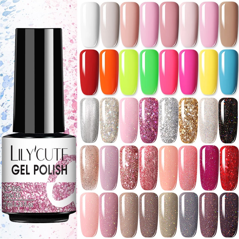 LILYCUTE Glitter Nail Gel Polish  Nail Color Glitter Sequins Matte Effect Gel Long Lasting Base Top Coat Nail Art