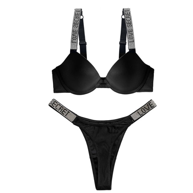 Fashion Women Underwear Push Up Bra Letter Rhinestone Secret Soft Bralette for Female Sex Lingerie UnderWire Adjusted Black Pink