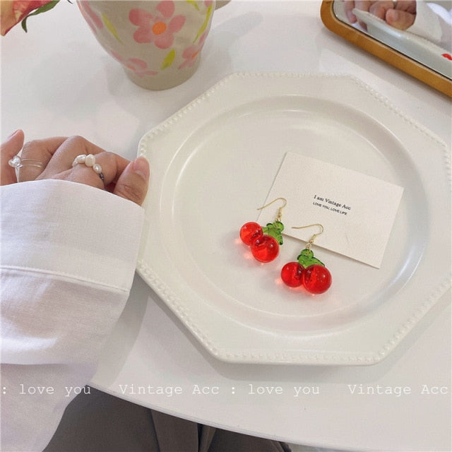 AOMU 2020 New Japan Korean Cherry Fruit Shaped Drop Earrings For Women Sweet Girls Cute Brincos Line Pendientes Jewelry Gifts