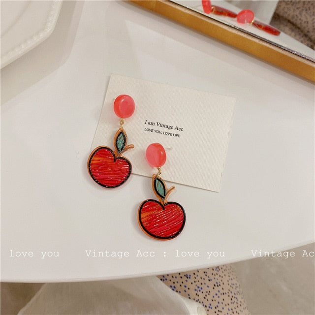 AOMU 2020 New Japan Korean Cherry Fruit Shaped Drop Earrings For Women Sweet Girls Cute Brincos Line Pendientes Jewelry Gifts